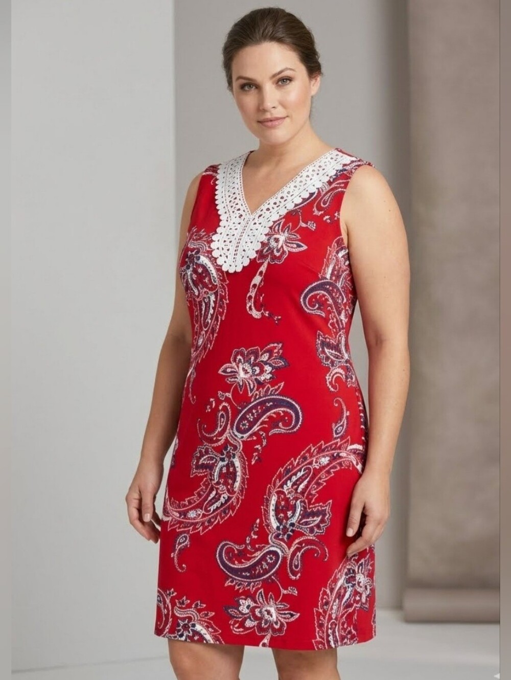 Dana Buchman Red Paisley White Lace Neck Sheath Dress XL sleeveless shift
